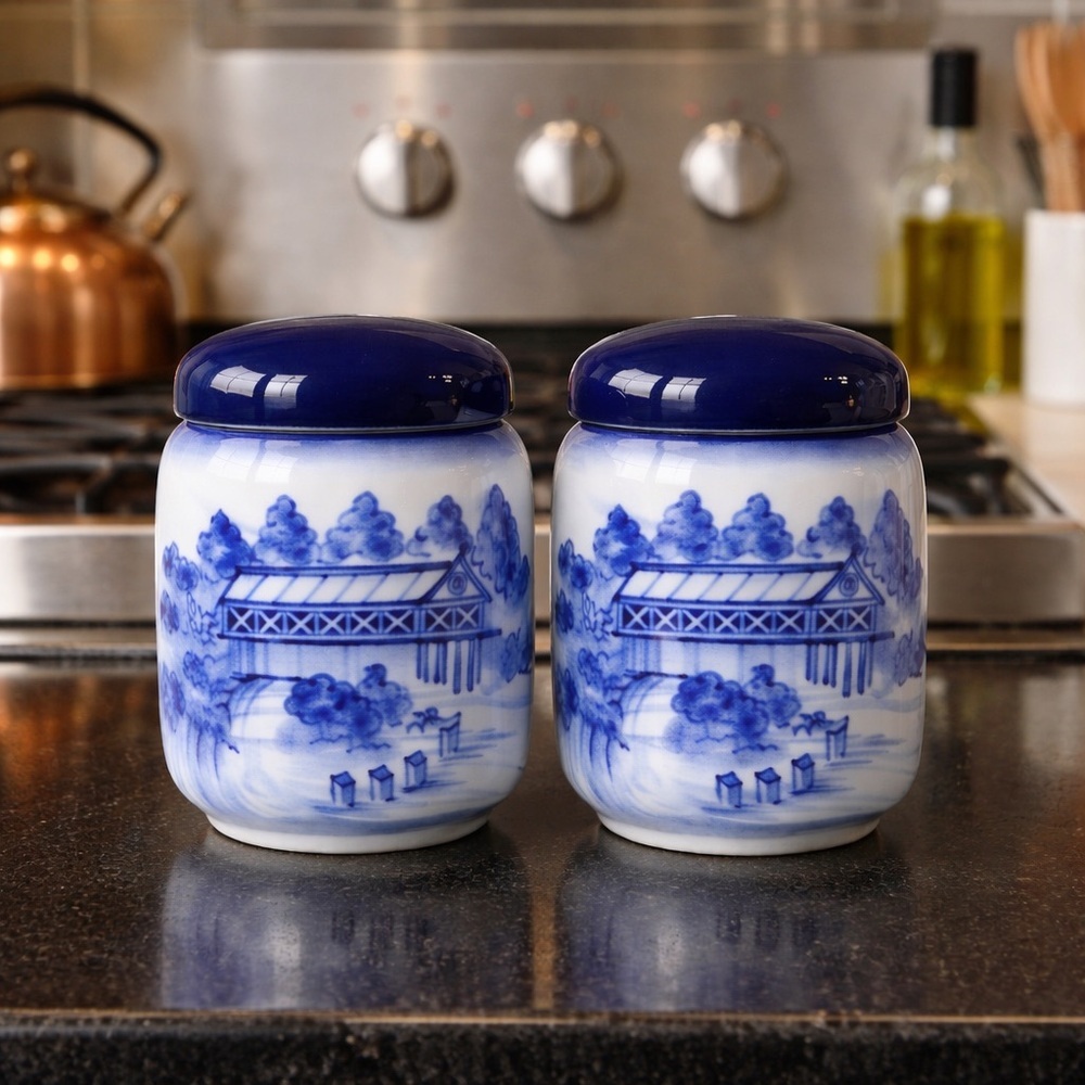 Delft Blue Style Salt & Pepper Shaker Stoneware Dutch Inspired Bridge Landscape